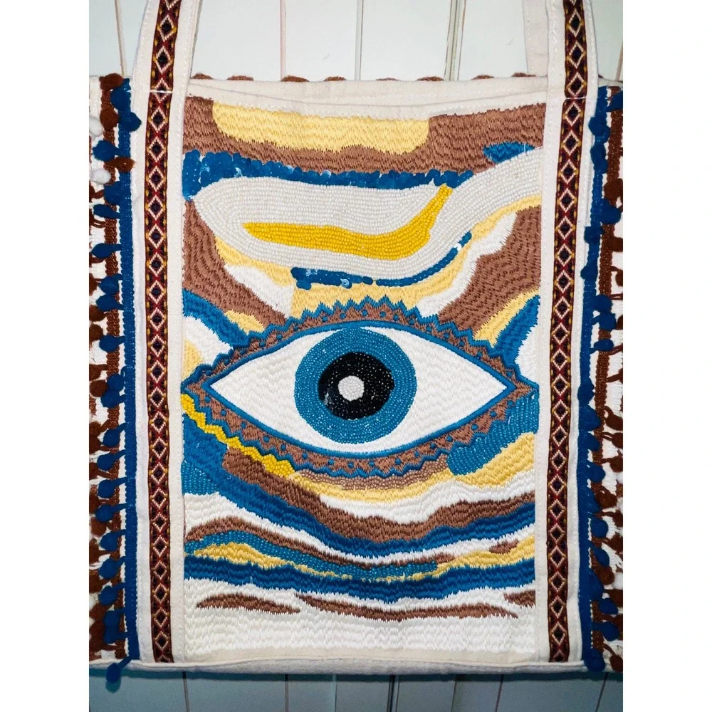 America & Beyond Beaded Evil Eye Tote Bag Southwestern Jacquard Shoulder Bag
